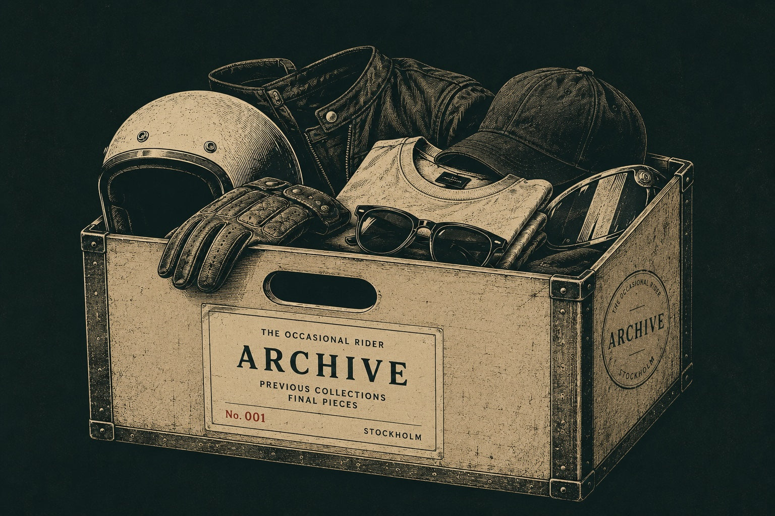 Vintage archive box filled with motorcycle gear and lifestyle clothing, including a leather jacket, gloves, cap, T-shirt and sunglasses.