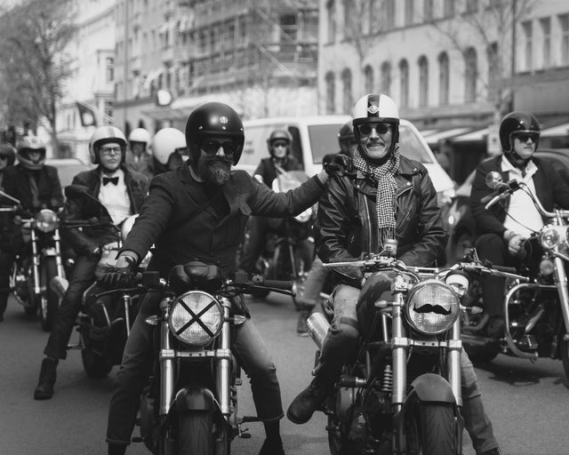 Motorcycle riders on modern classic motorcycles participating in Gentleman's ride in Stockholm 2025.