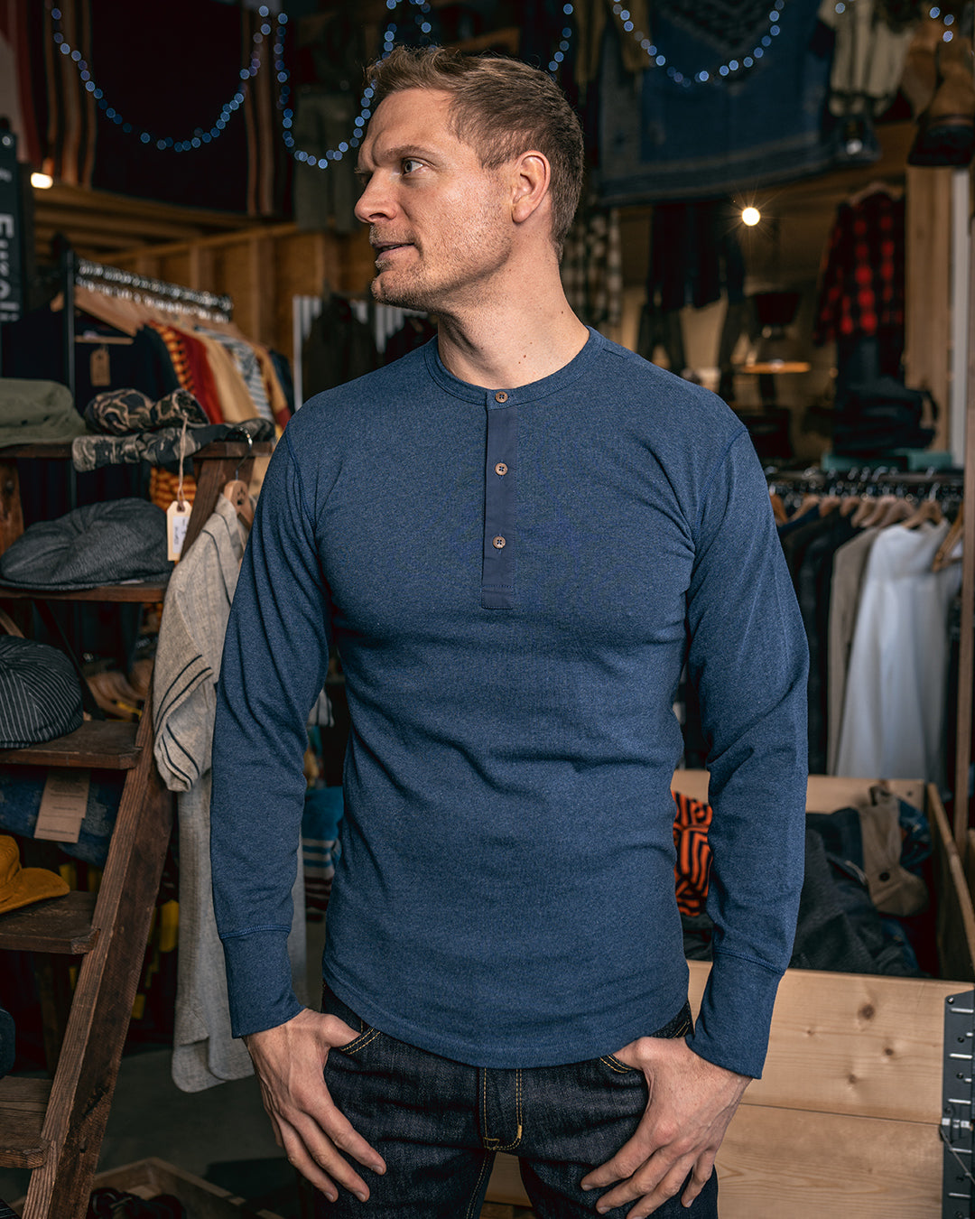 Pike Brothers 1927 Henley Long Sleeve Shirt Indigo Melange